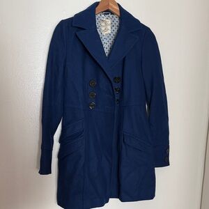 Tulle Dark Blue Pea Coat with Button Accents